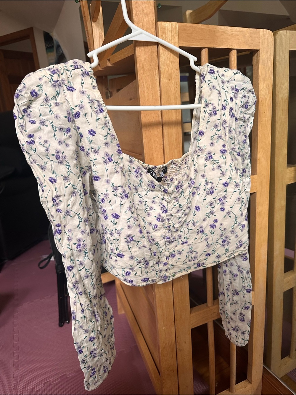 Zara Cream Cropped Top with Purple Floral Print